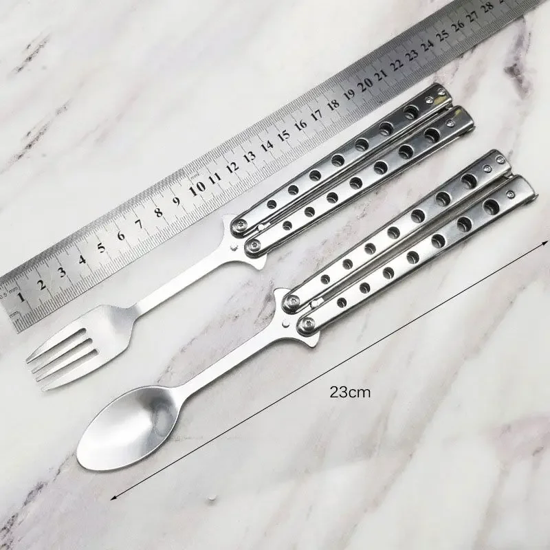 Metal Folding Trainer Spoon Fork Butterfly Knife Game Safety Practice Trainer Outdoor Camping Tableware Accessories  Cutlery