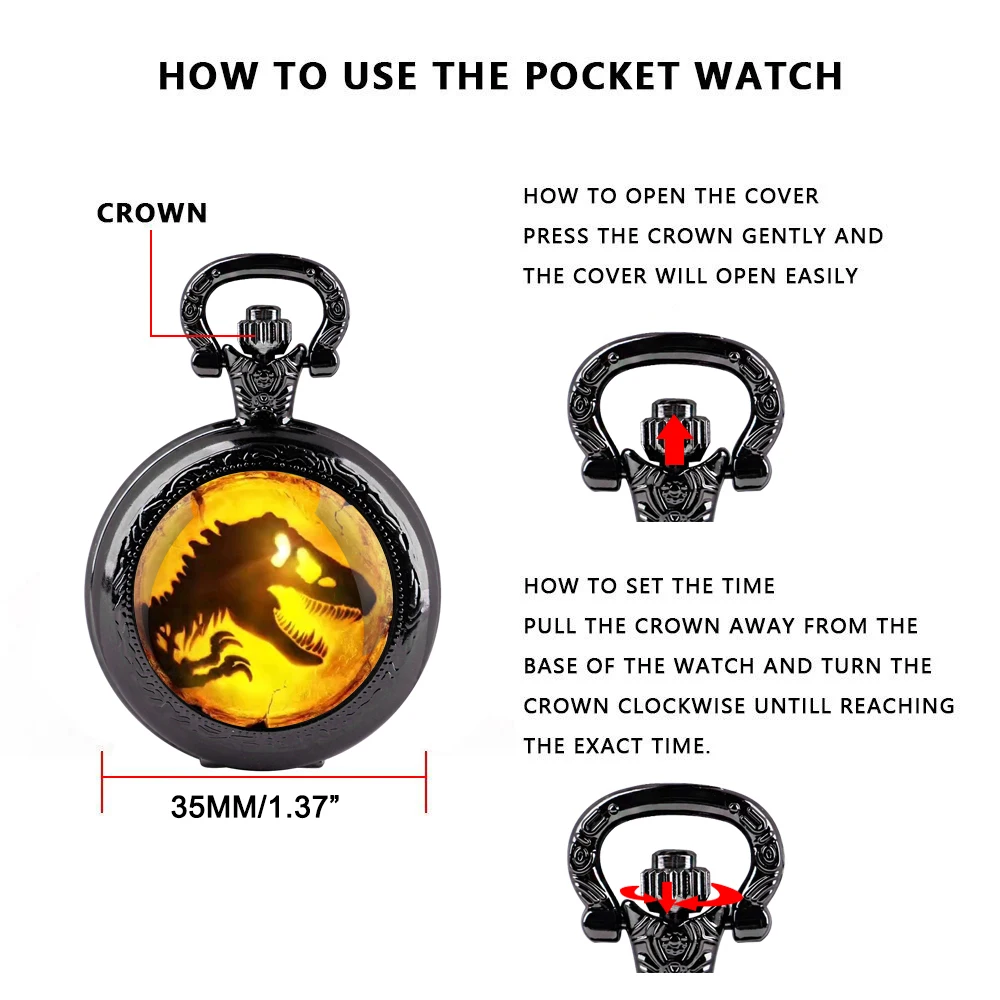Quartz Pocket Watch Dinosaur Park Glass Dome With Durable Chain Arabic Numeral Dial Halloween Gifts for Men Women Kids