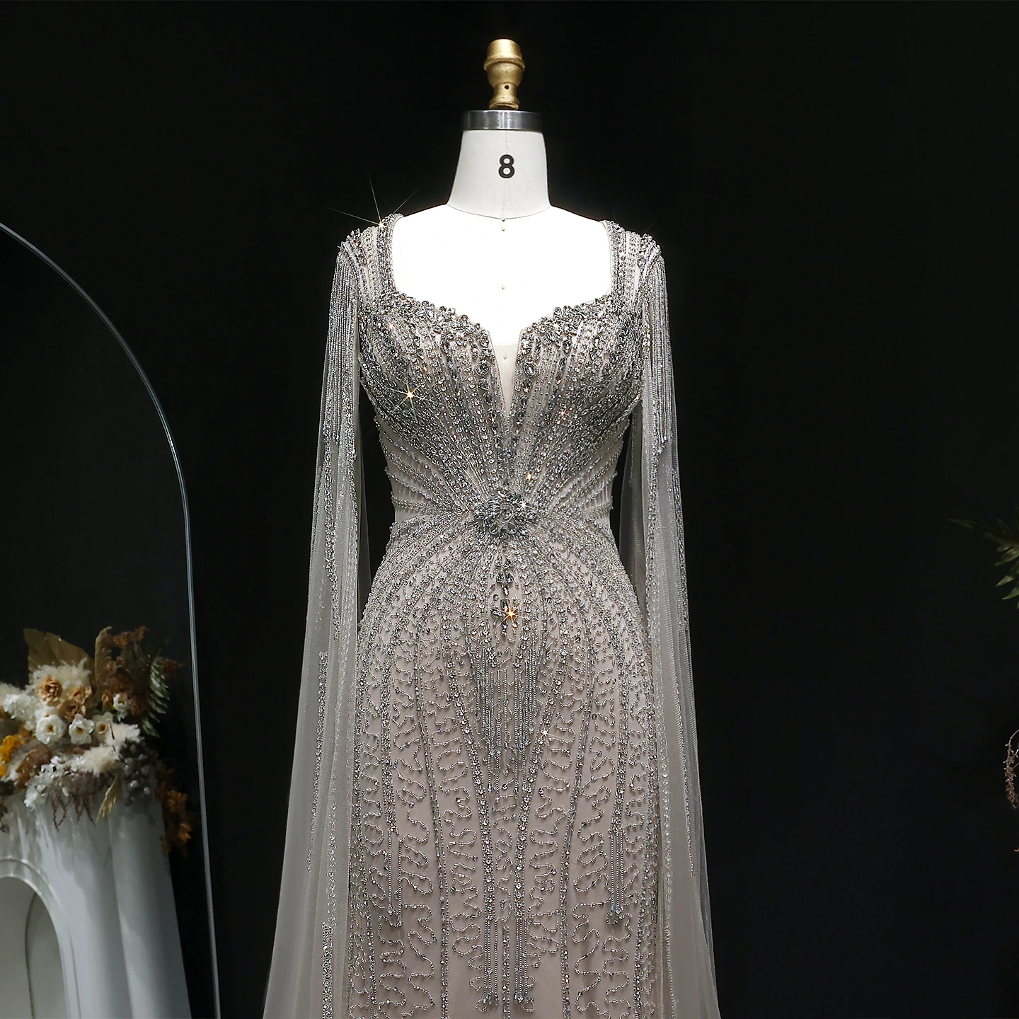 Sharon Said Dubai Luxuriöses Champagner-Meerjungfrauenkleid mit Cape-Ärmeln für Damen, Hochzeitsfeier, Ballkleider SS024, Maßanfertigung – Detail 9