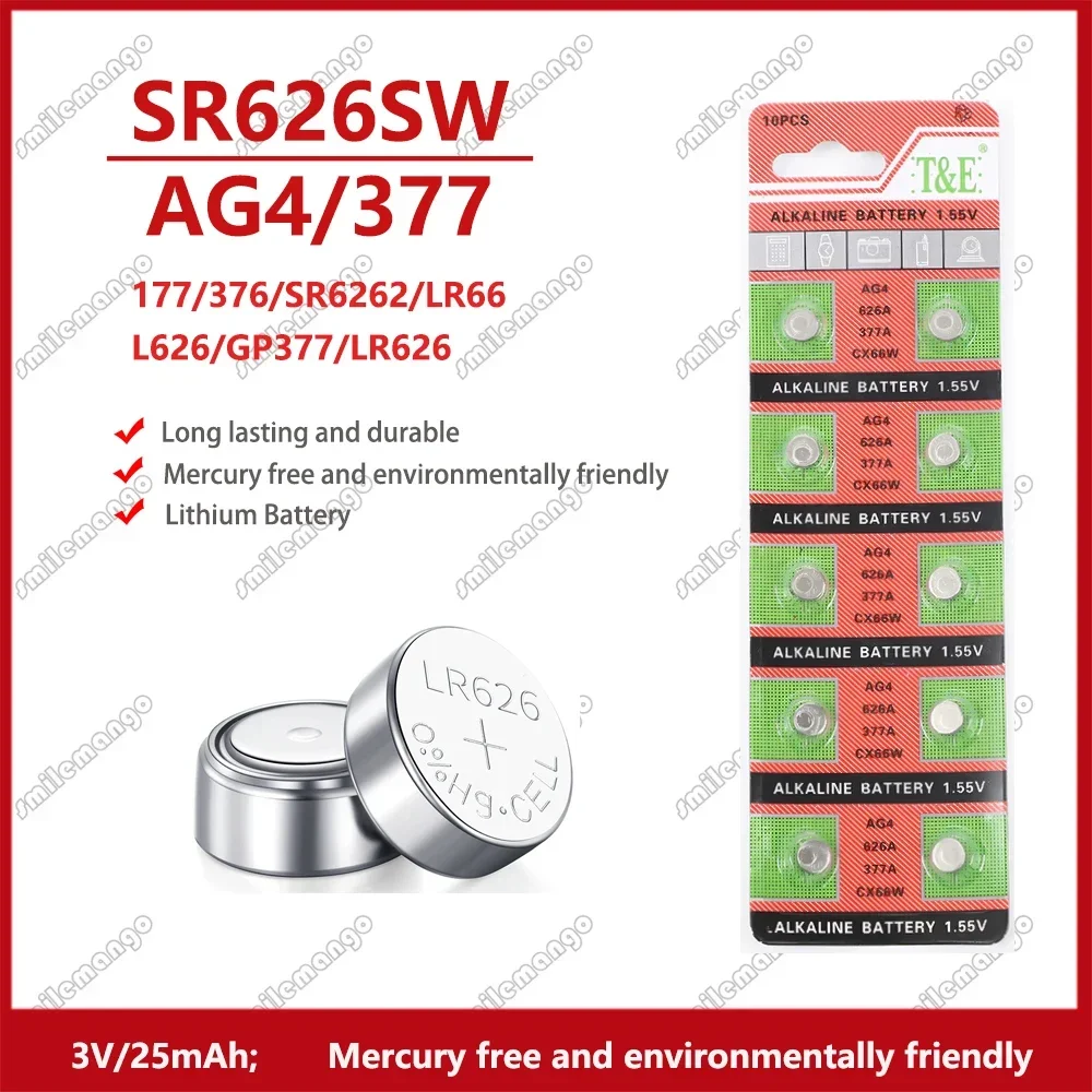 2PCS-50PCS 1.55V AG4 377 Button Batteries SR626SW SR626 Cell Coin Alkaline Battery 177 376 626A LR66 LR626 For Watch Toys Clock