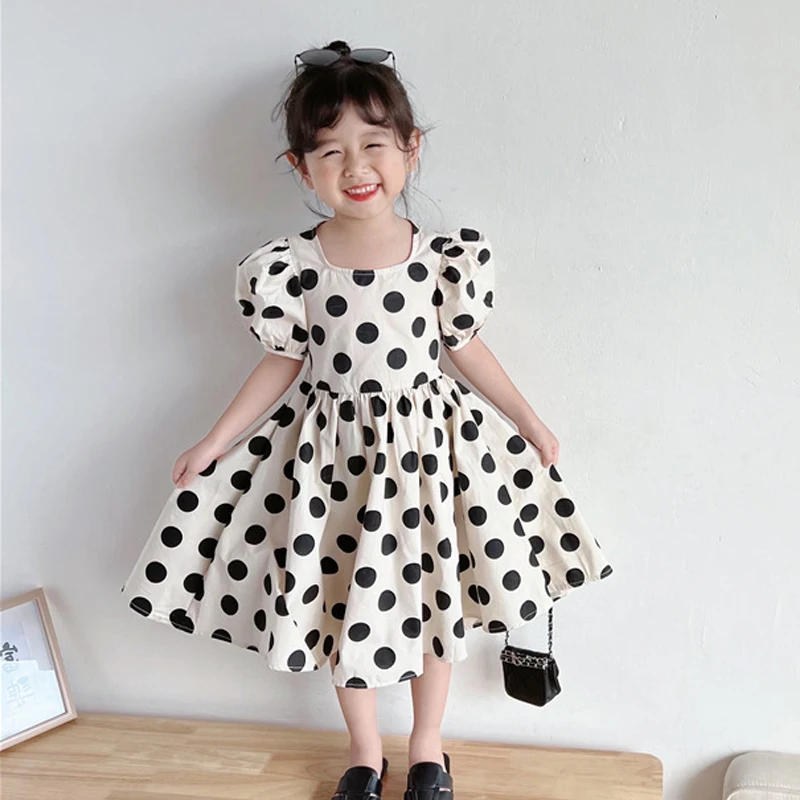 

2023 Summer New Children Clothes 3-8 Year Old Toddler Girls Dress Polka Dot Lace Up Open Waist Princess Dress Cotton