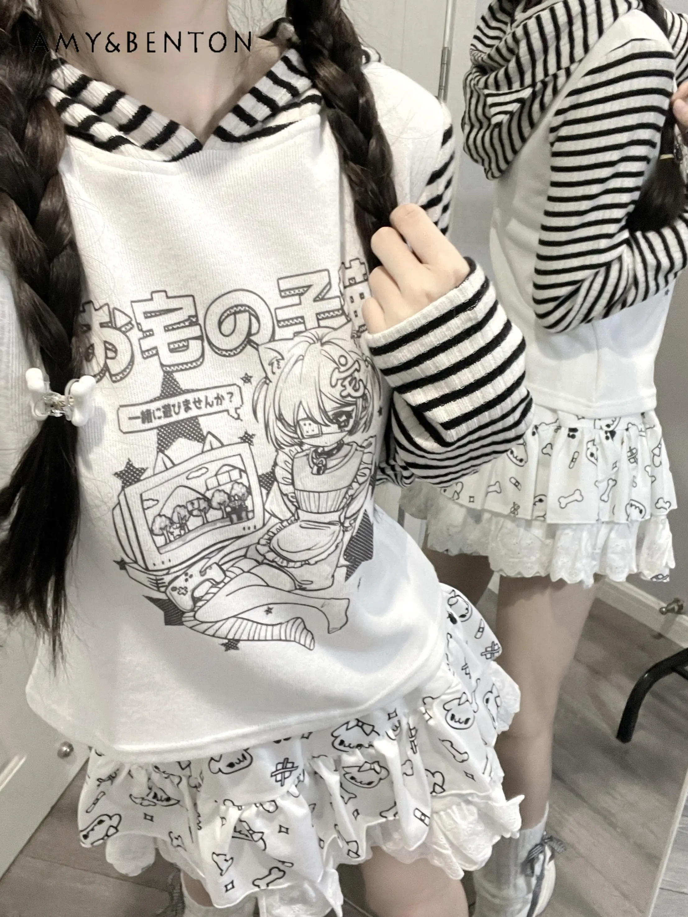 Original Striped Cat Ear Splicing Long-sleeved T-shirt Spring Autumn Japanese Style Animation Printing Subculture Hooded Tops