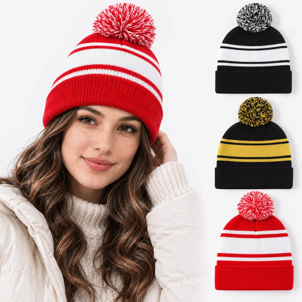 Thick Knitted Warm Winter Hat Mixed Color Stretchy Ski Beanies Pompoms Design Sleeve Head Outdoor Sports Hat