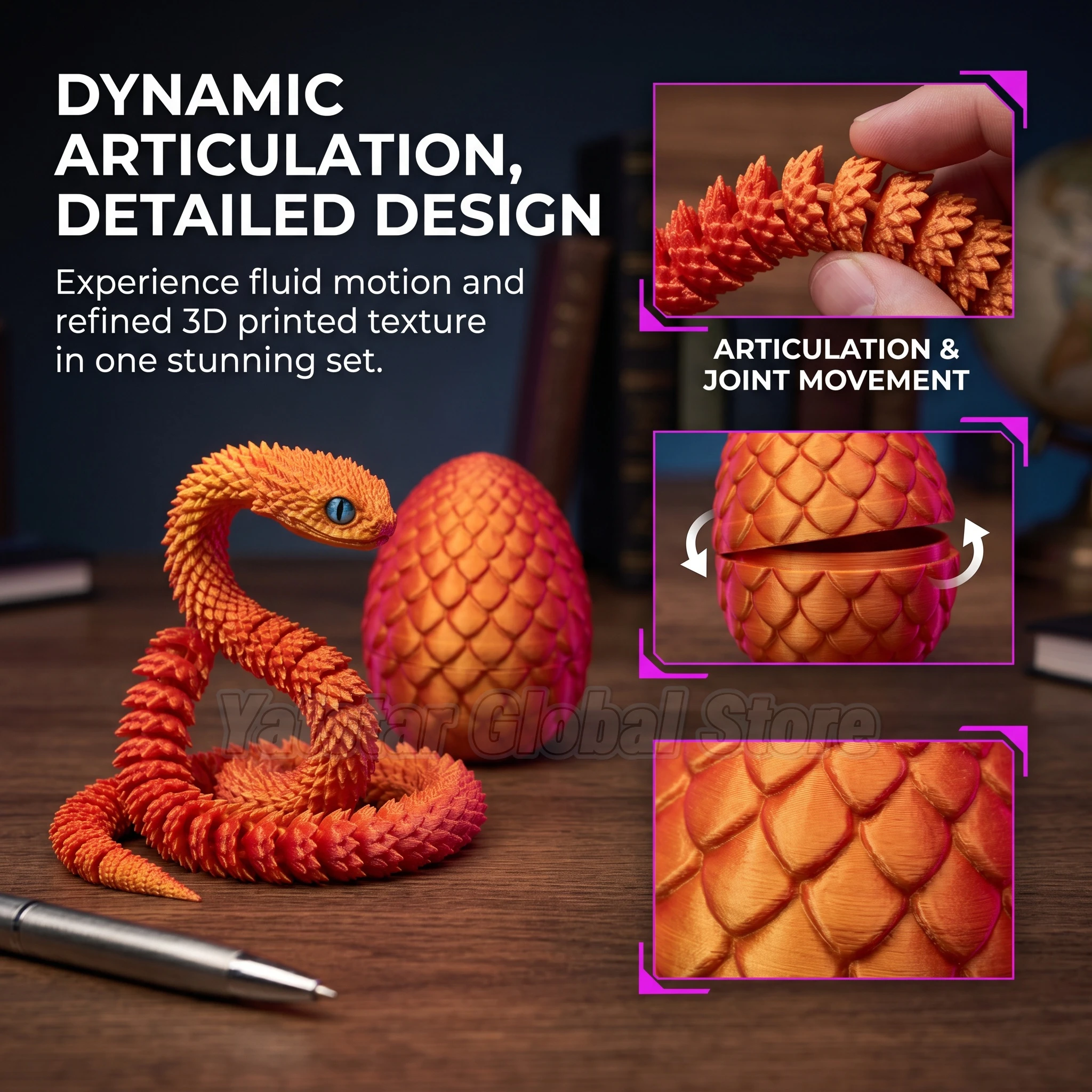 3D Printed Snake Egg Toy Creative Decompression Articulated Movable Rotatable Joints Realistic Snake Model Desktop Ornament Kids view 2