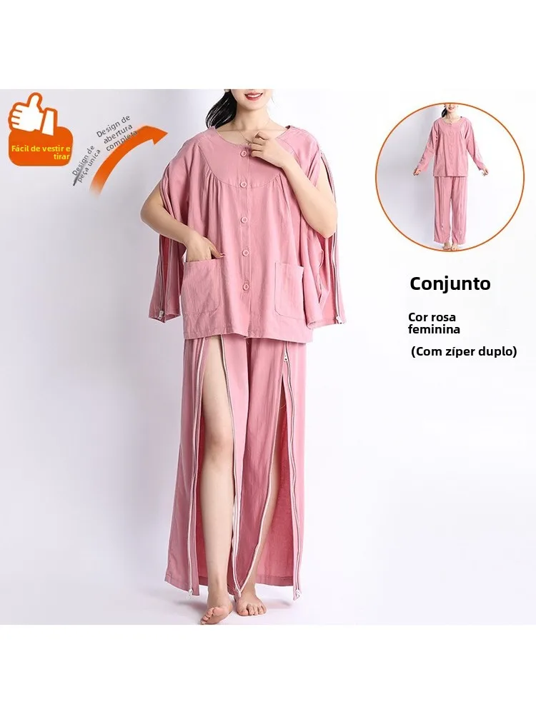 women's-pure-cotton-hospital-gown-set-easy-to-remove-post-surgery-comfortable-nightgown-long-sleeve-zipper-shoulder-design