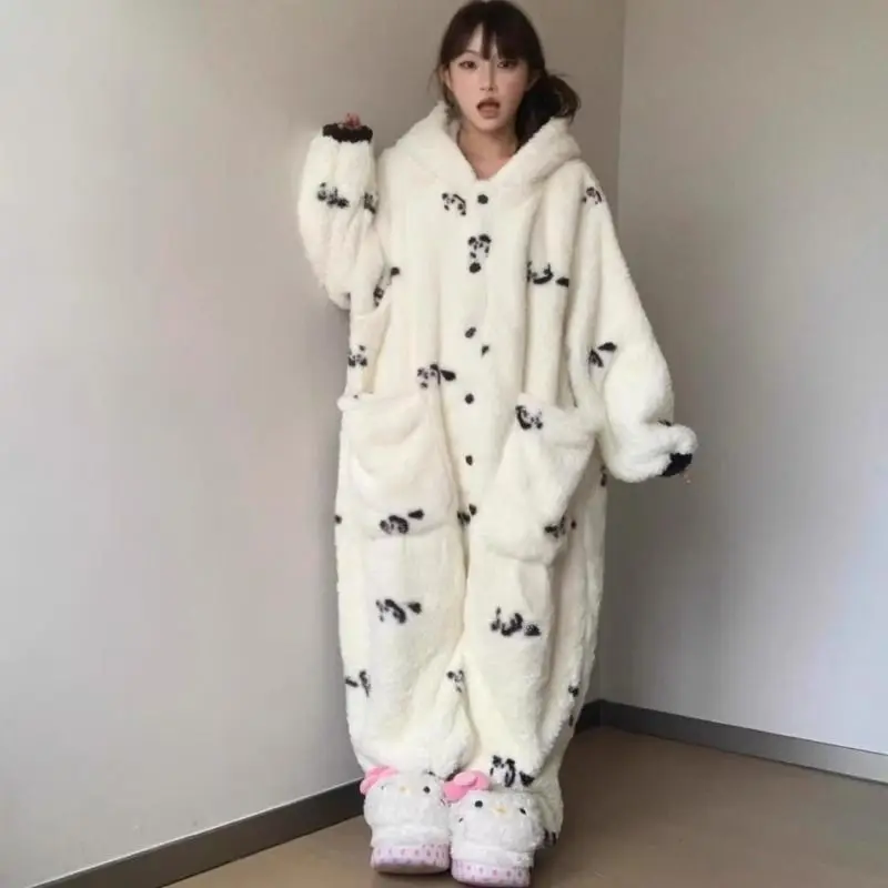 Cute Cartoon Women's Coral Fleece One Piece Pajamas Winter Fleece Thickened Loungewear Warmth Sleepwear Soft Comfortable Gift
