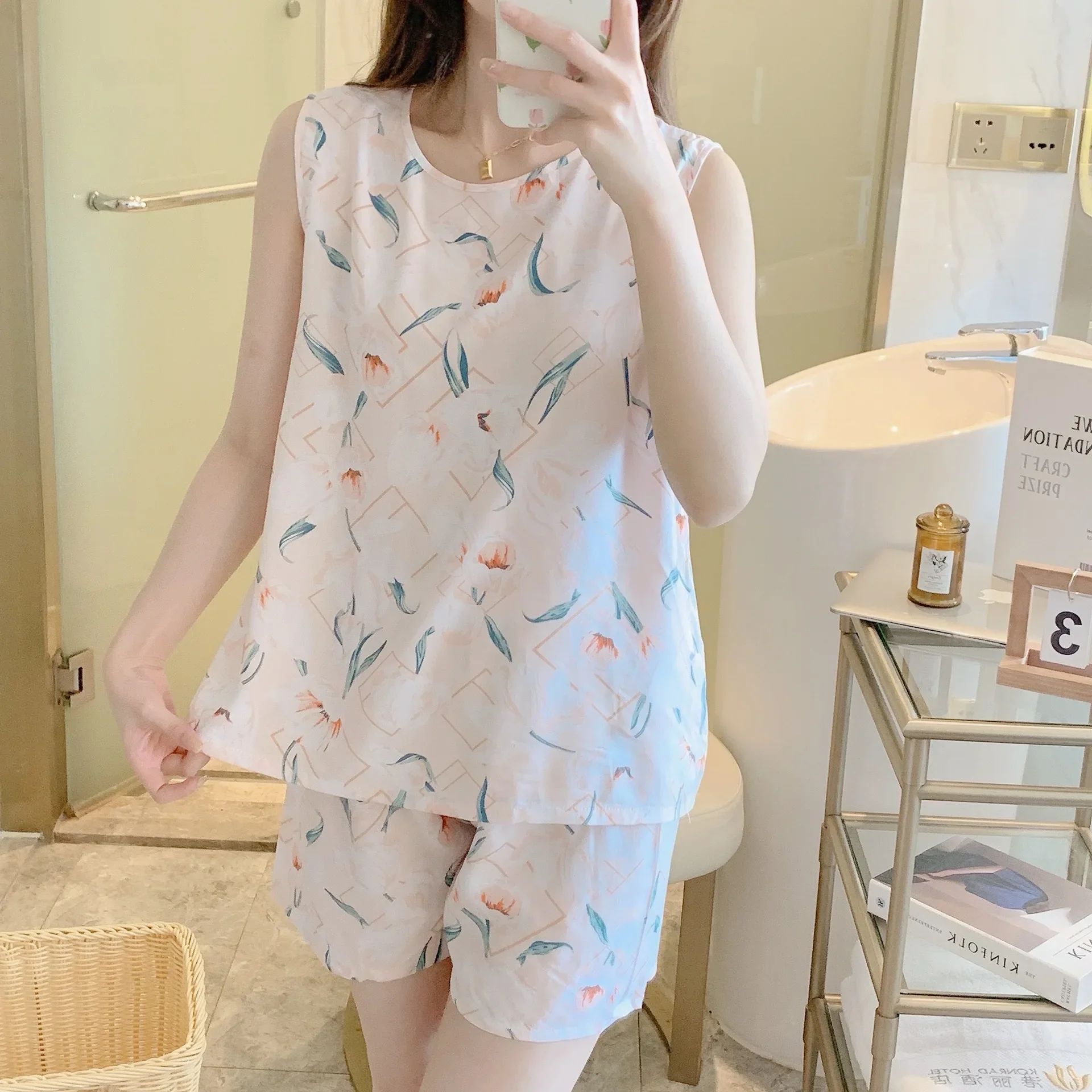 Sleeveless Shorts Floral Print Woman Satin Pajama Sets Ensembles 2 Piece Two Piece Pants Outfit Lounge Women Pijama Sleepwear