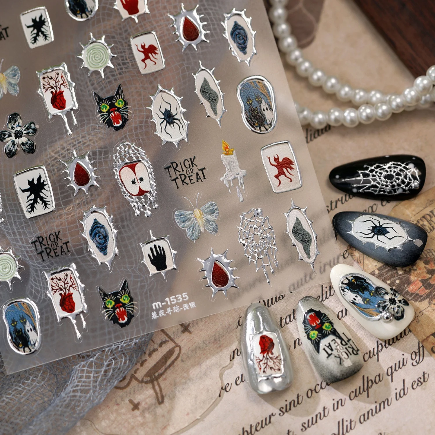 Dark Halloween 5D Nail Stickers Black Cat Spider Bloody Palm Heart Butterfly Candle Flame Apple Slice Thorn Frame Gothic Decals