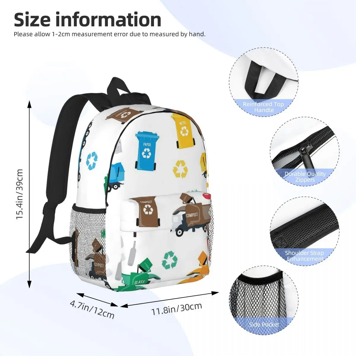 Colorful Recycling Garbage Trucks & Bins Backpacks Teenager Bookbag Cartoon Students School Bags Travel Rucksack Shoulder Bag