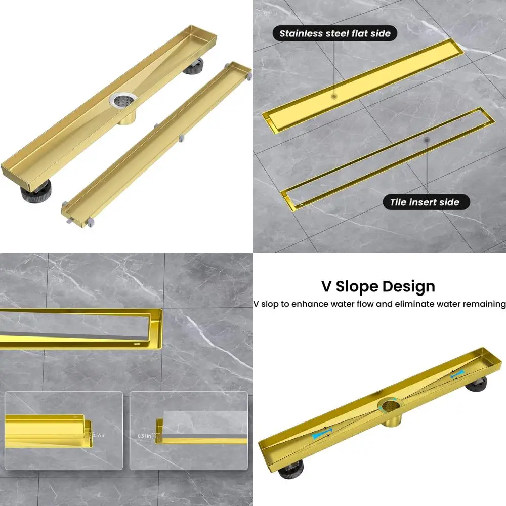 

30 Brushed Gold Tile Insert Shower Drain, Stainless Steel Rectangular Cover with Hair Catcher and Adjustable Feet