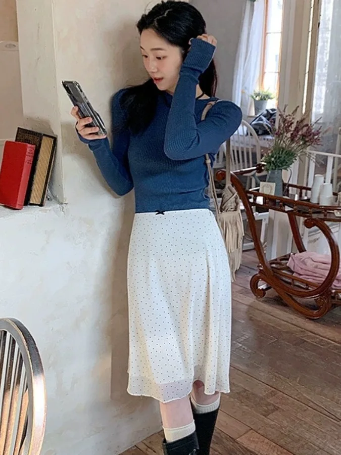 High Waist Polka Dot A-Line Skirt Women's Fashionable Spring 2025 Midi Skirt Korean Style Commute Splice Other Material