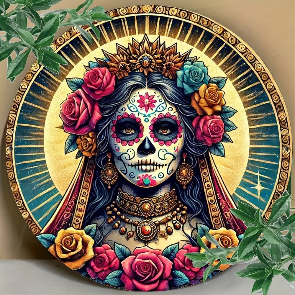 Wandbehang „Day of the Dead“ aus Aluminium – 20,3 x 20,3 cm große Zuckerskelettkunst, perfekt für Terrasse/Zuhause/Büro-Dekoration