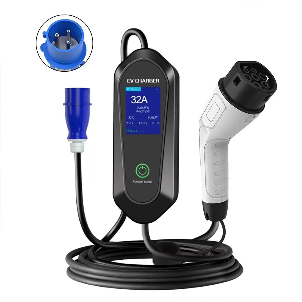 EV Car charger fast charging 32A 7KW 5M Single-Phase 3PIN Type 2 Charging Cable CEE With LCD Display EV Charger Portable