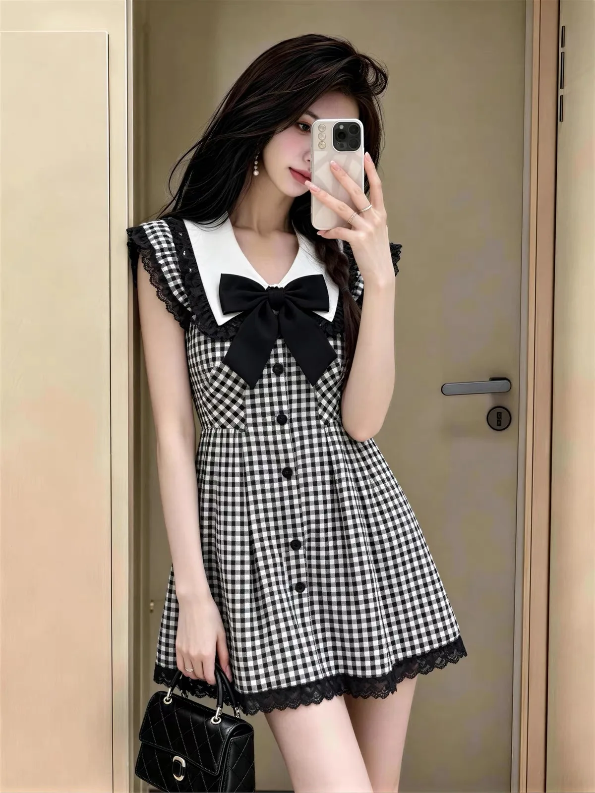 Black And White Plaid A-Line  Dress with Puffy Sleeves Sweet School Girl Style Summer Fashion Ladies' Clothing