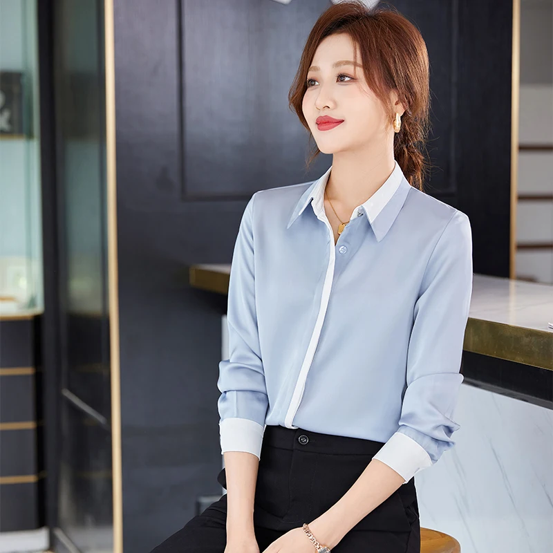 NAVIU Fashion Gray Shirt Women New Spring Temperament Elegant Patchwork Satin Long Sleeve Formal Blouses Office Ladies Work Tops