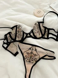 Temperament good transparent lingerie panty suit  lace underwear sexy hollowed out with steel ring on the support gathered bra