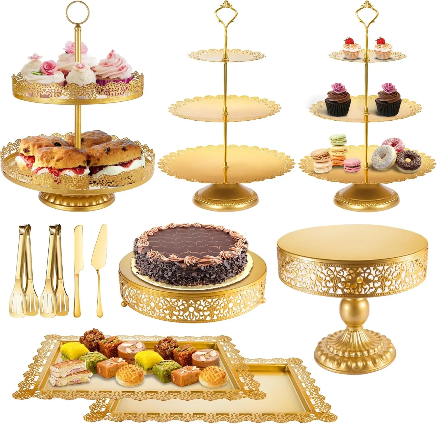 

Gold Tiered Cake Stand Set for Desserts Display, Cupcake Holder, Serving Tray Platter