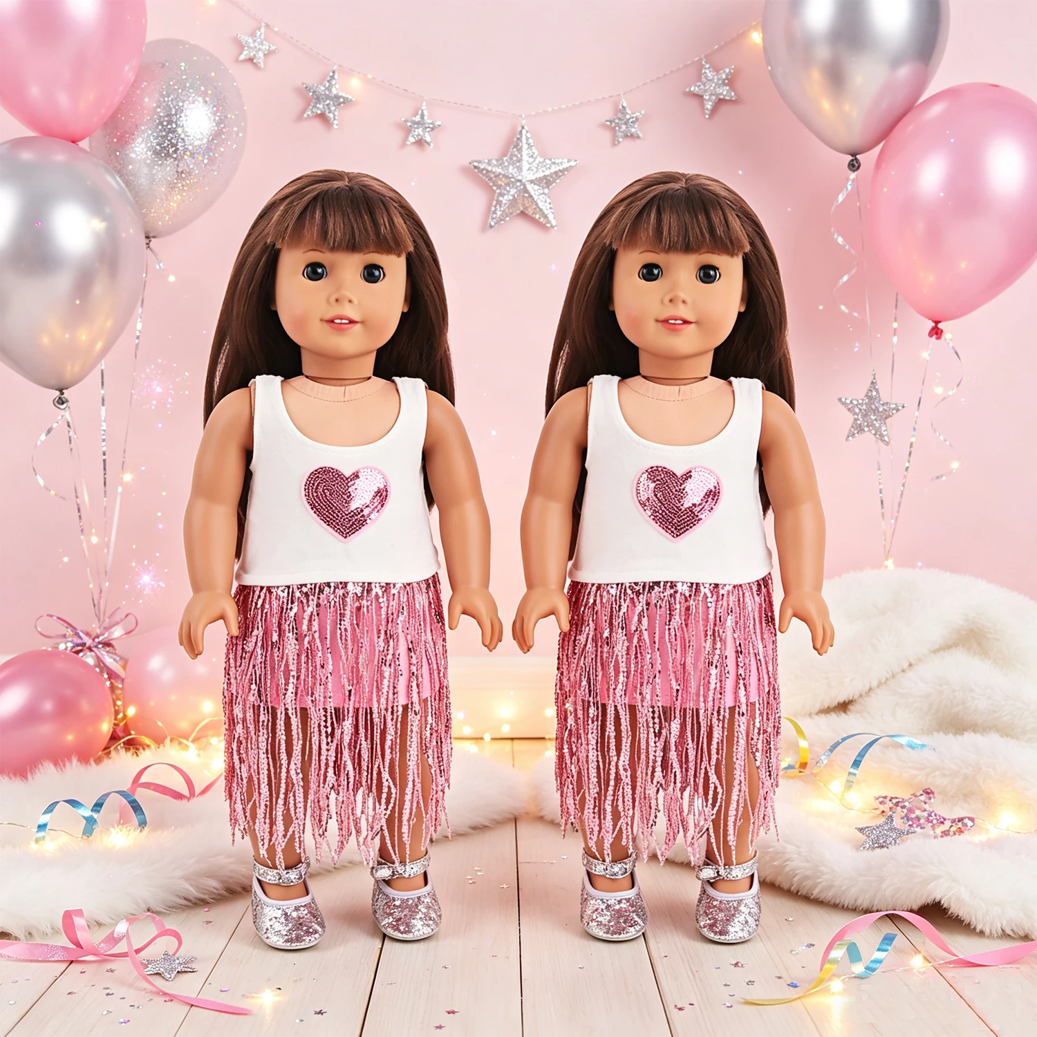 Cute Doll Performance Costume Set Sequin Heart Vest Pink Fringe Tassel Skirt Silver  Shoes For 18