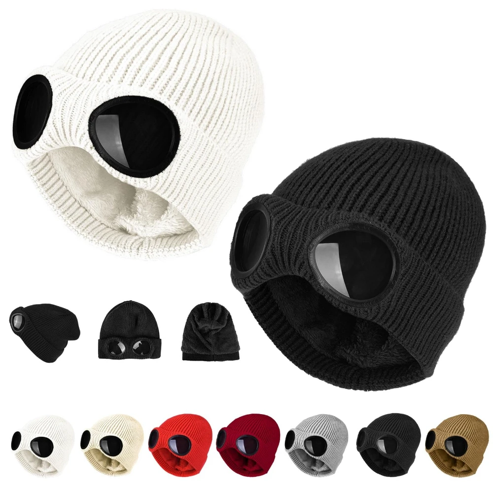 2PCS Goggle Knit Beanie with Goggles Unisex Goggle Knitted Beanie Hat Windproof Warm Winter Skull Cap