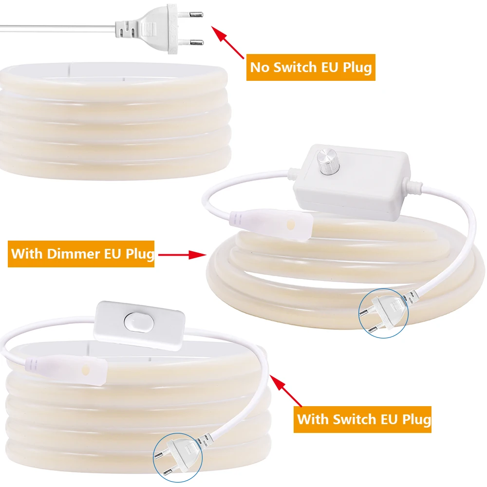 220V Dimmable COB LED Neon Strip Light Dimmer Switch Plug Kit Waterproof 288 LED Flex Tube Lamp Hight Bright Warm/Natural White