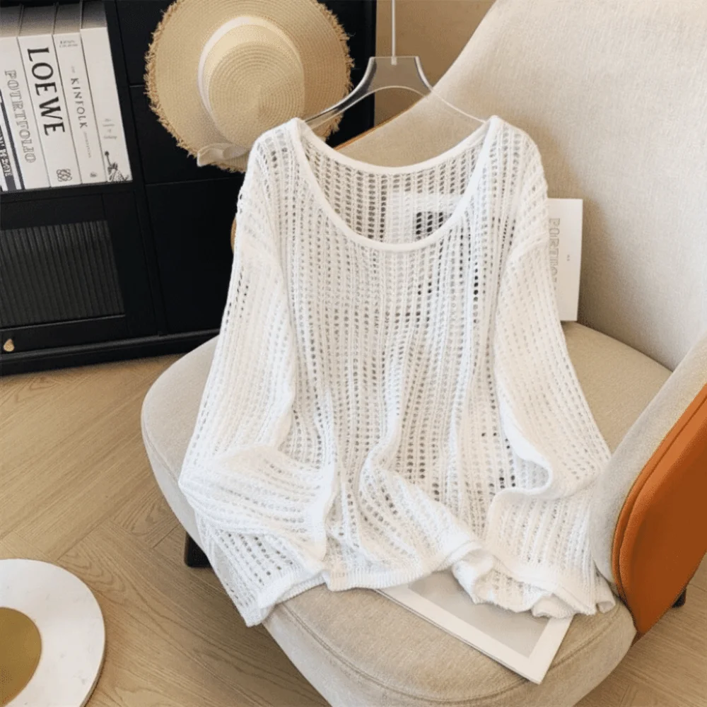 

Fashion Hollow Out Long Sleeved Top Solid Color Loose Round Neck Pullover Versatile Knitted Sun Protection Blouse Summer