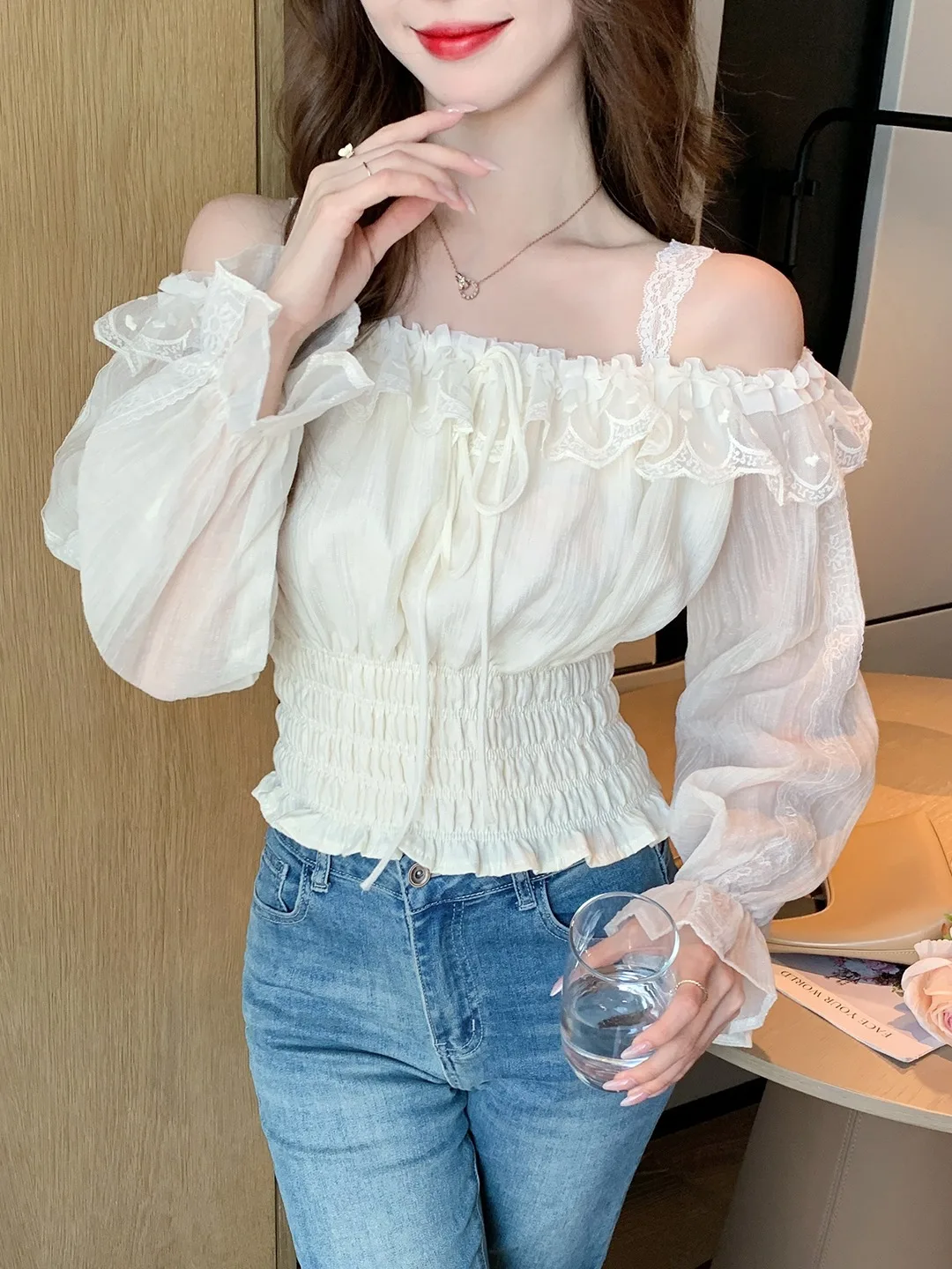 

Элегантный шикарный женский топ с открытыми плечами Shangpin, модный, молодежный, полупрозрачный, из жоржета, для весны и лета, Citywalk