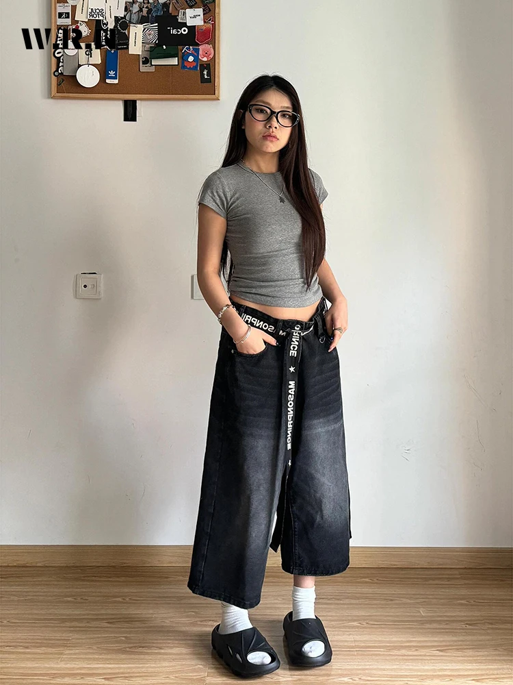 2024 Summer women's Casual Style Harajuku Mid Long Jeans pantaloni lavati larghi estetici Vintage Y2K pantaloncini larghi Punk a gamba larga