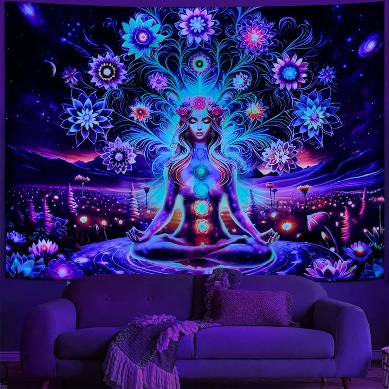 VIKAMA Blacklight Chakra Goddess Tapestry UV Reactive Psychedelic Yoga Meditation Wall Hanging Home Decor