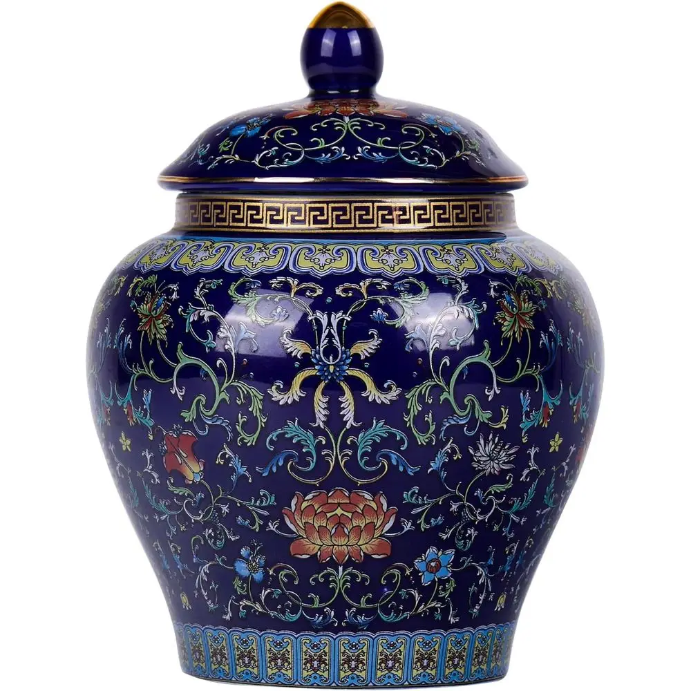 

Эмалированная банка с имбирем: ручная работа в стиле династии Юань, традиционная эмалированная керамическая ваза с сине-белым узором (генерал синий)