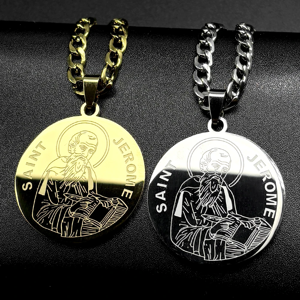 Saint Jerome Protect Us Anhänger-Halskette für Damen und Herren, Edelstahl, goldfarben, christliche Medaillonkette, akademischer Schmuck