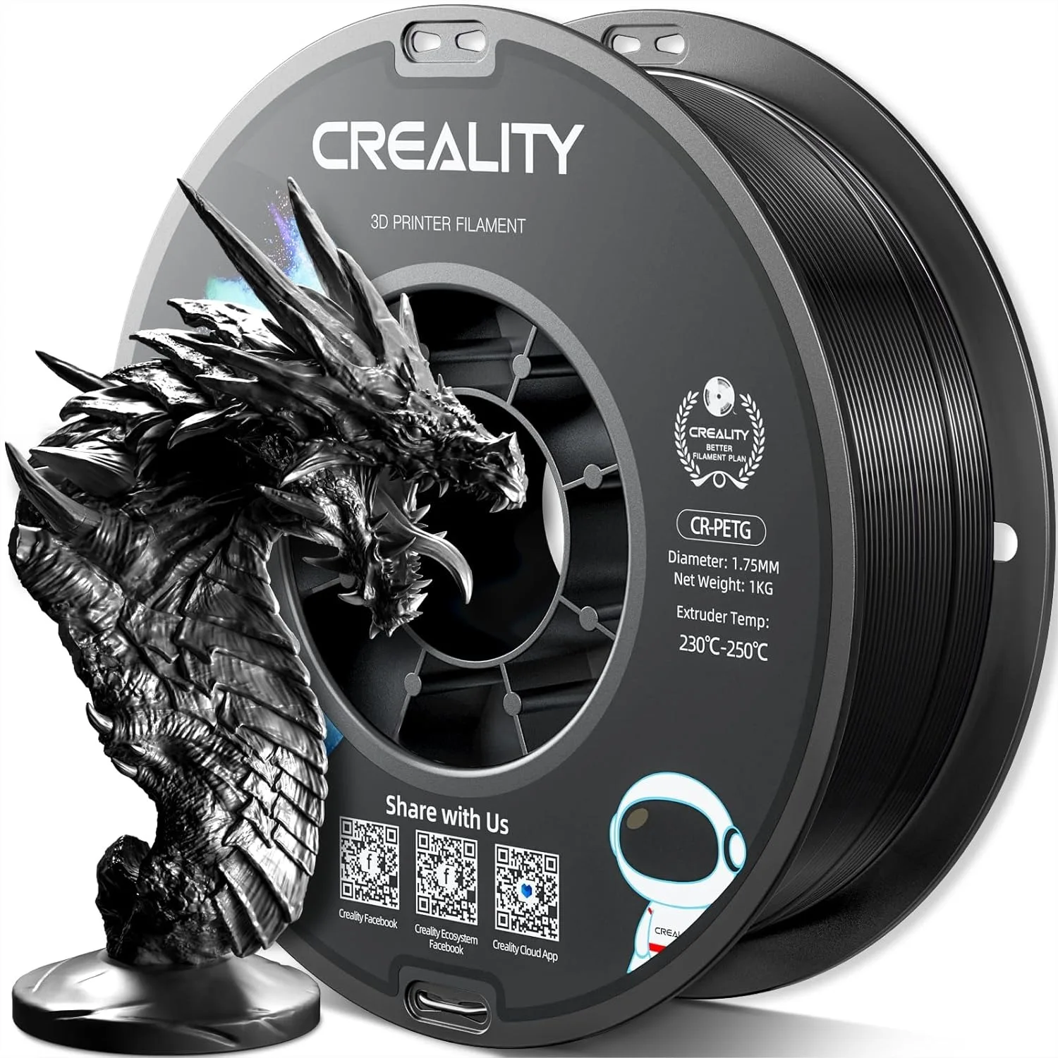 

PETG 3D Printer Filament 1.75mm, 1KG (2.2lbs) with High Precision, Strong Toughness, Odorless, Better Flow, Moistureproof for