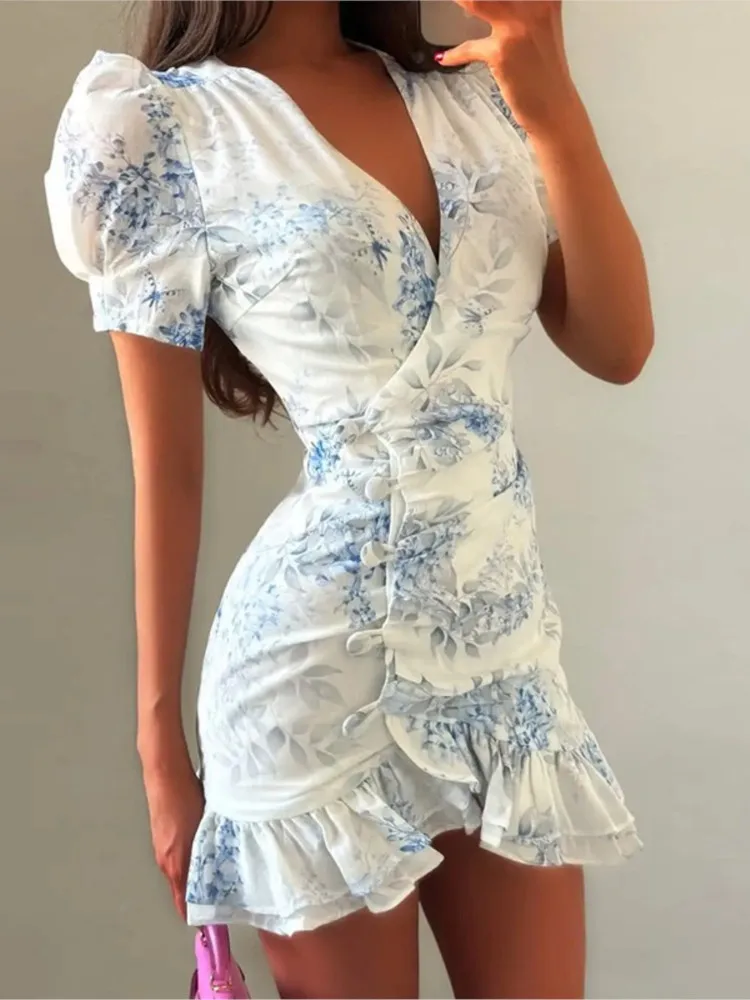 Chic Deep V Neck Double Layer Ruffle Hem Dress 2026 New Daily Women's Sexy Floral Painted Ruffle Slim Dress Women's Party Dress