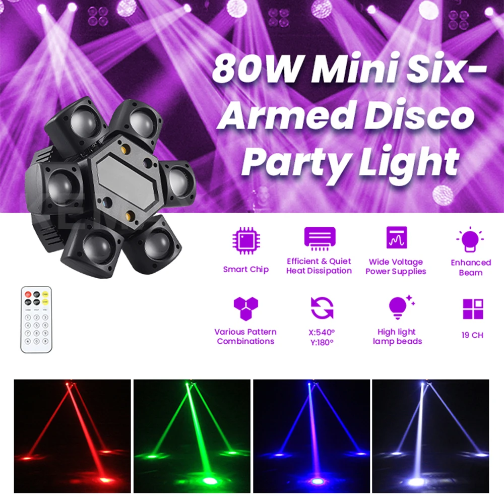 80Wディスコパーティーライト 6アームミニビームムービングヘッド ストロボ効果ライト リモートDMX512コントロール DJモバイルステージ クラブ/結婚式用