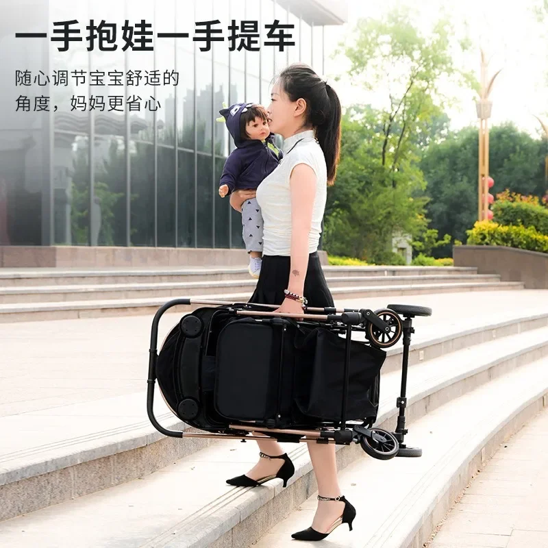 Baby Stroller Portable Folding can Sit and Lie Down Children's Four-Wheeled Stroller One Button to Close the Stroller