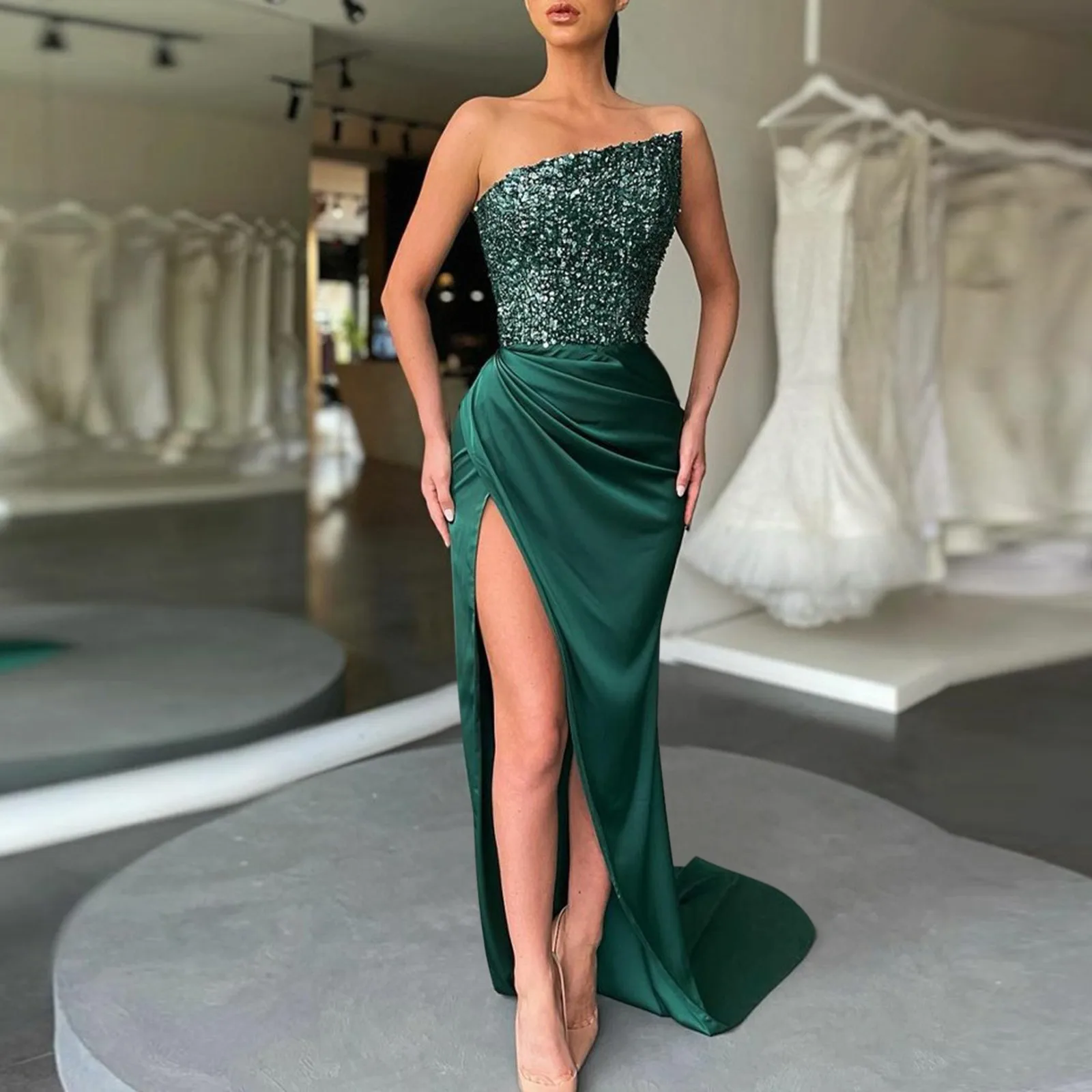 

2023 New Green Sequin Fairy Wedding Long Sleeve One-Piece Temperament Medium Long Evening Dress Shinny Party Night Clubwear Robe