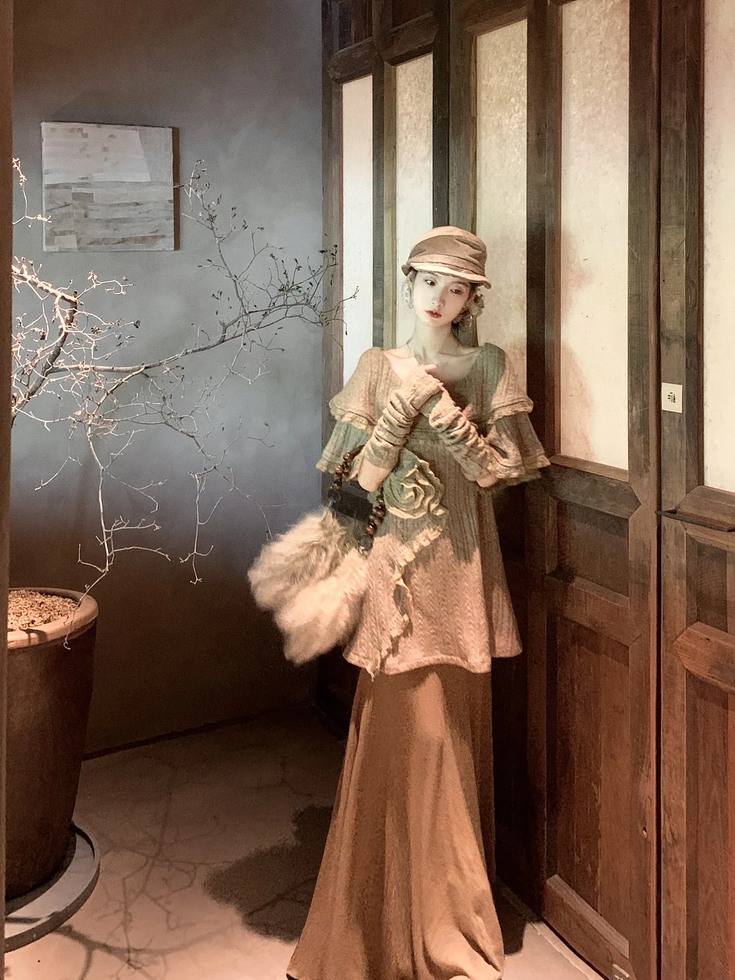 

Walkink Retro Vintage Floral Print Top with Bell Sve And f Skirt Two Piece Set for Women Autumn Faion Ensemble