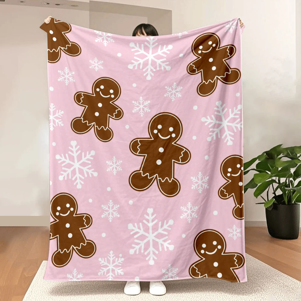 1PC Christmas Pink Gingerbread Man and Snowflake Print Blanket — Made of soft, cozy flannel, perfect for a sofa or bed. A lovely
