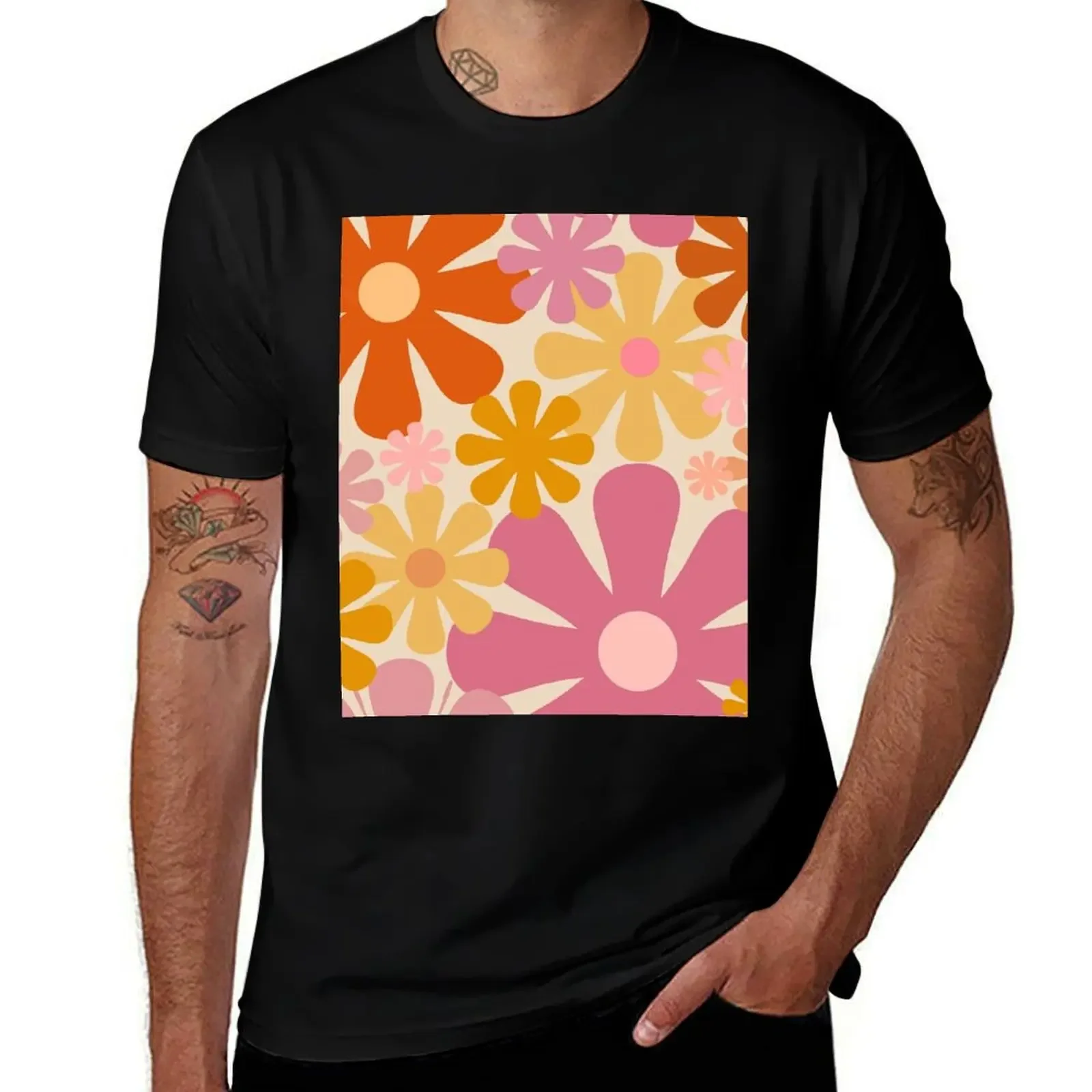 

Retro 60s 70s Flowers - Vintage Style Floral Pattern in Thulian Pink, Orange, Mustard, and Cream T-Shirt