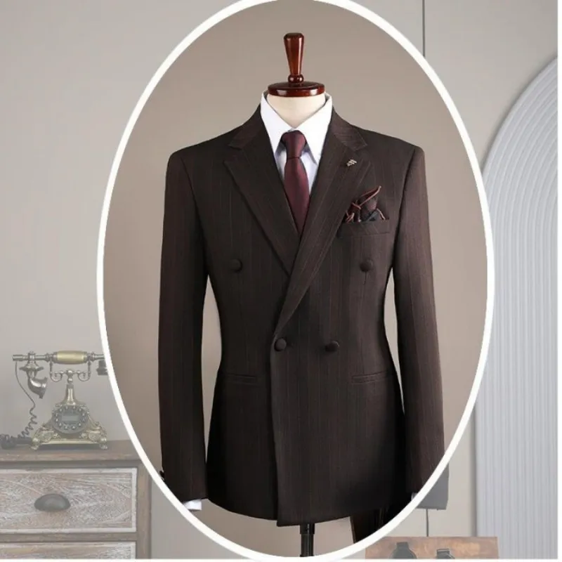 2025 new men's three piece suit high-end formal double breasted striped suit casual groom's suit