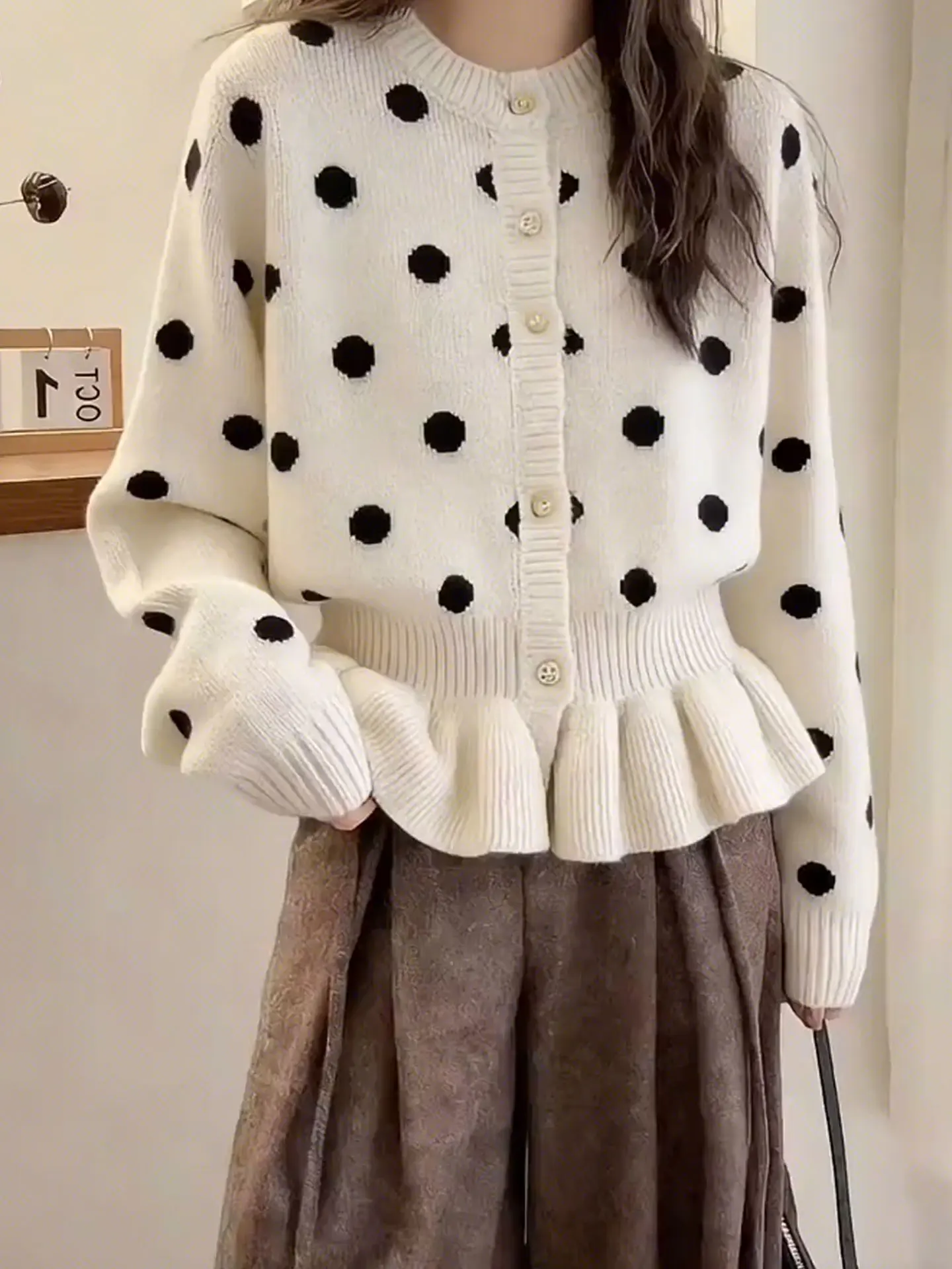 

Вязаный свитер Ele Long Sve в корейском стиле с милым принтом в горошек, модный весенний свитер-топ для женщин, для повседневной носки