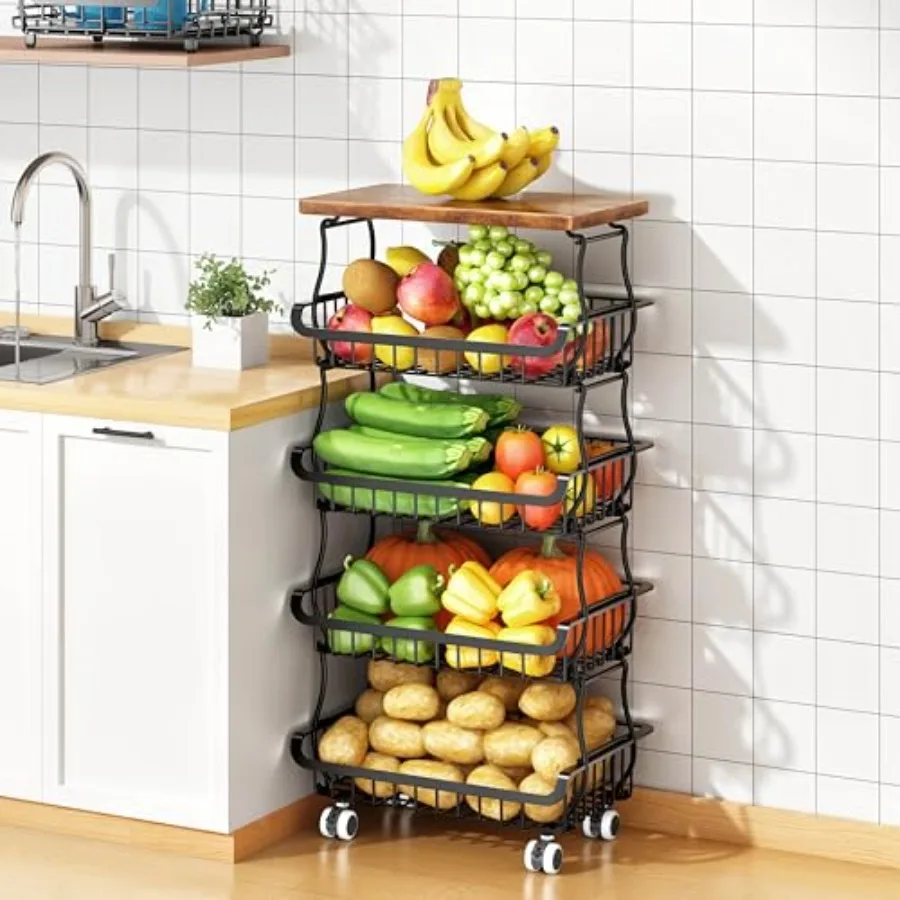 

Vegetable Fruit Basket for Kitchen, Stackable Metal Fruit and Vegetable Storage Baskets with Rolling Wheels Cart, Pantry organi