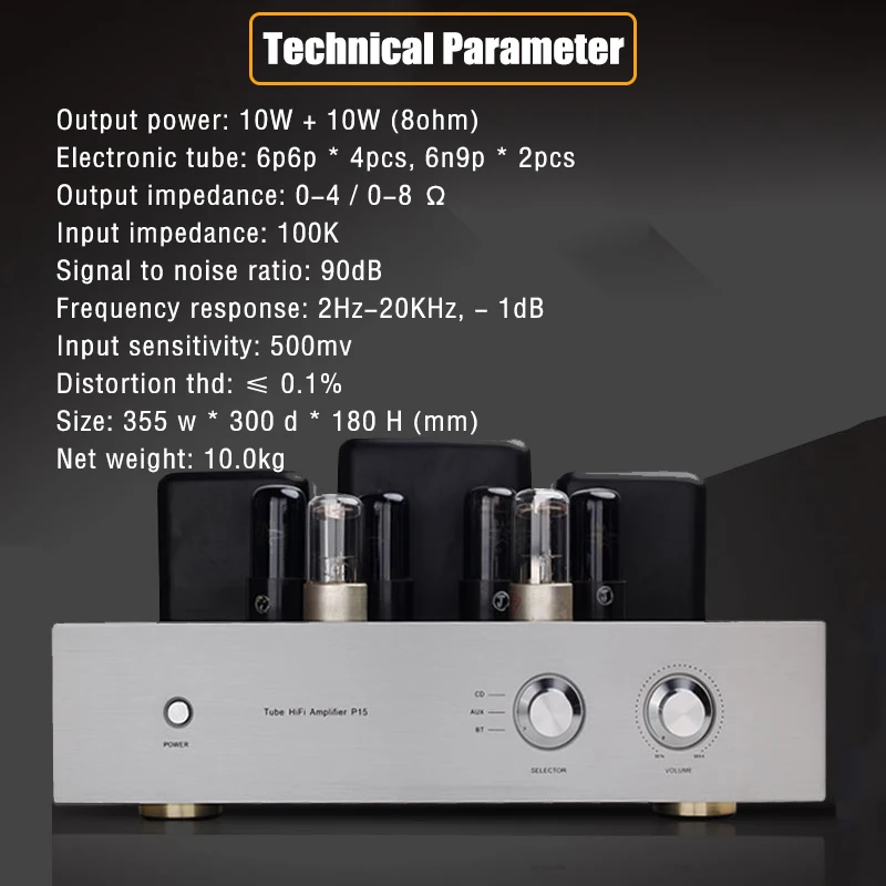 

Hi-End 2.0CH Pure Electronic Tube Push-Pull Power Amplifier With Bluetooth For Home Audio Player Theater System 6P6P×4 6N9P×2