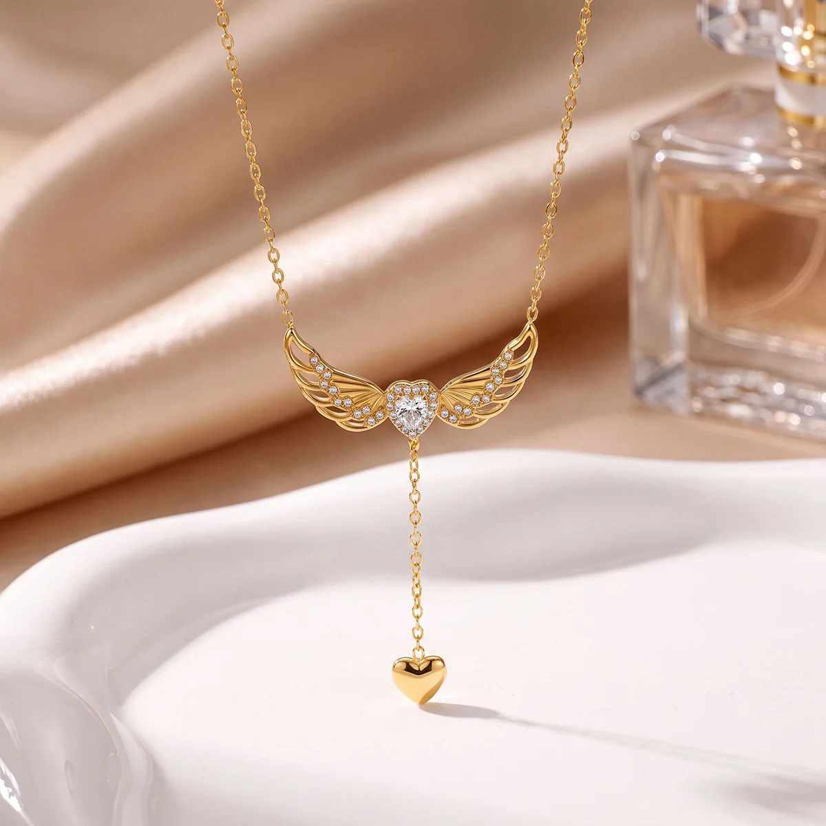 Titanium Steel Angel Wing Tassel Necklace Heart Clavicle Chain Jewellery For Women