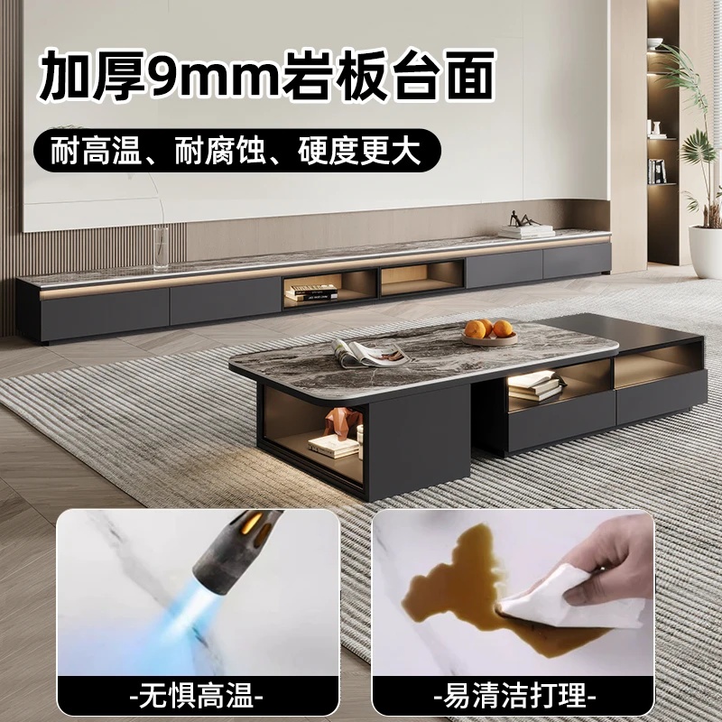 

Rock slab TV cabinet coffee table combination simple platform living room household super long solid wood atmosphere light floor
