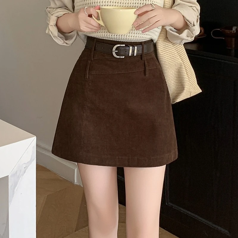 

Осень-зима, винтажные вельветовые женские мини-юбки трапециевидной формы с поясом и высокой талией, прямая офисная юбка с запахом, женская 2025