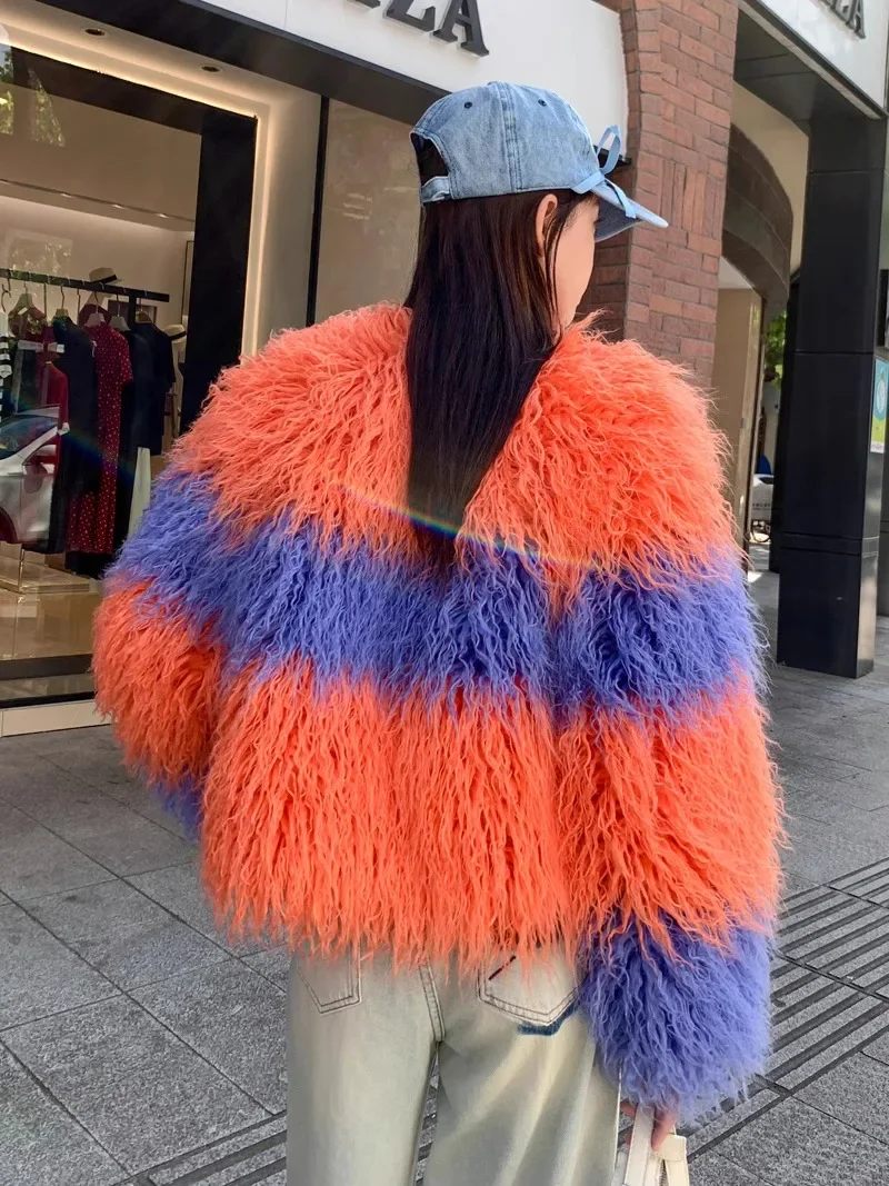 Autumn Winter Popular Contrasting Color Fur Coat Women's Imitation Beach Sheep Wool Short Colorful Long Sleeves Jaqueta Feminina