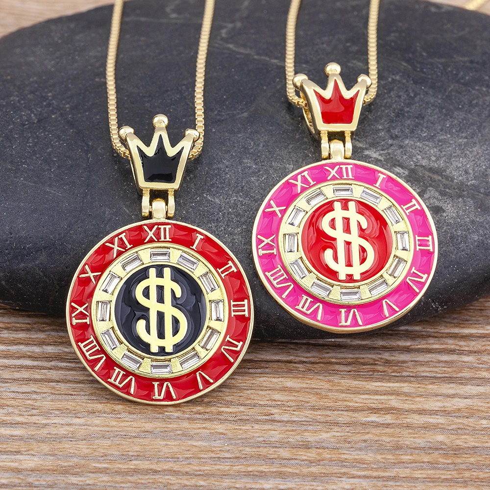 Nidin New Fashion Rainbow Zircon Crown Dollar Letter Pendant Chain Necklace For Women Retro Jewelry Party Gifts