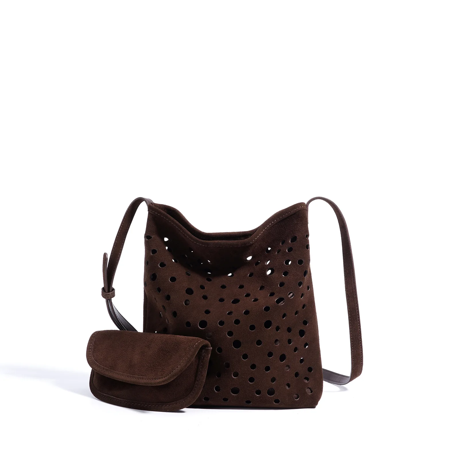 

2026 Trendy Retro Cowhide Frosted and Hollowed-out Bucket Bag, Versatile Single-shoulder Crossbody Steamed Bun Mother Bag