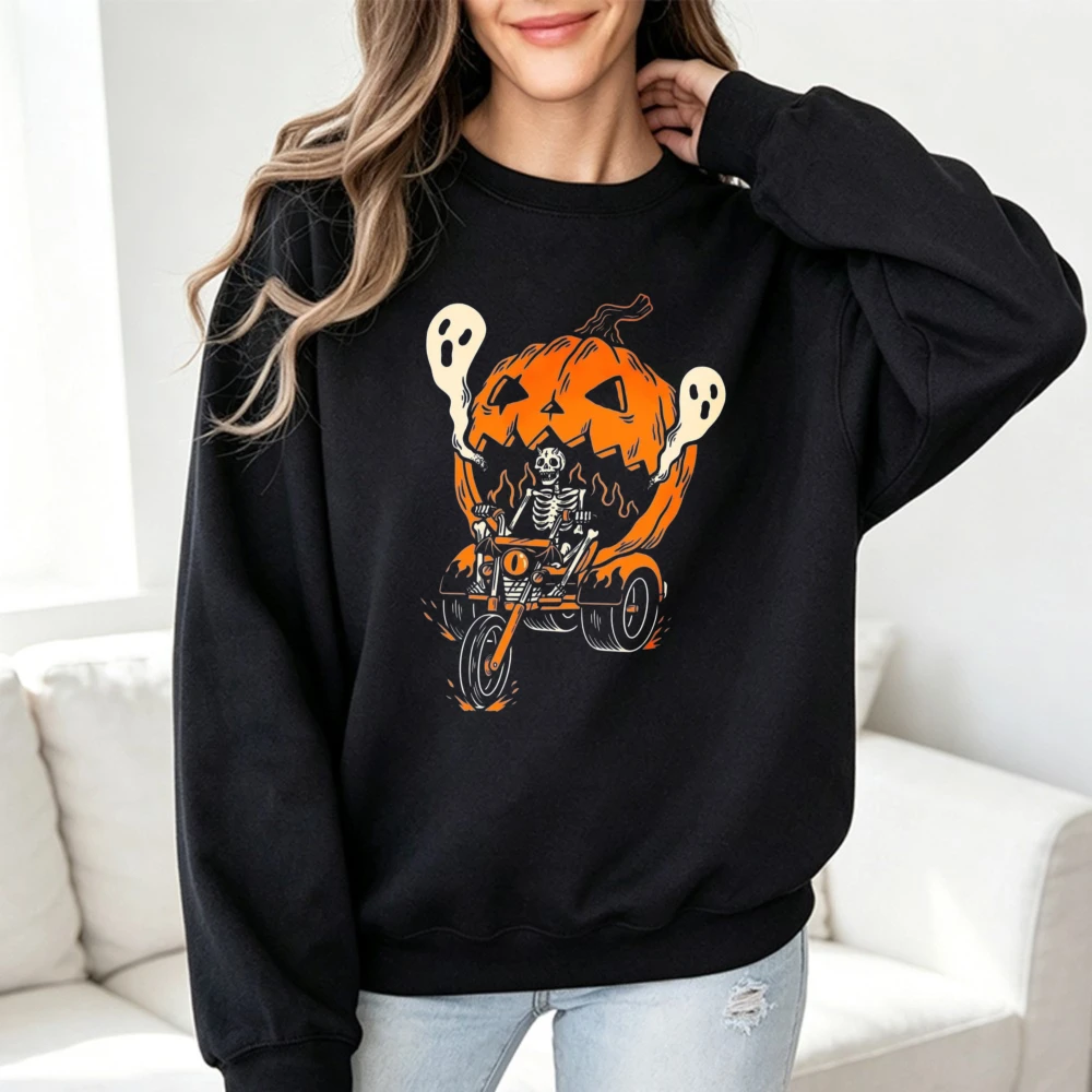 Motorcycle Skeleton Pumpkin Halloween Sweatshirt Unisex Streetwear Trendy Casual Pullover Halloween Night Trendy Women's Sweater