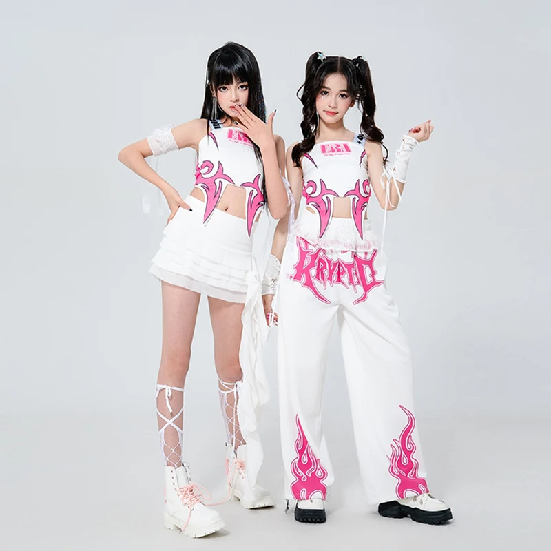 

Одежда для выступлений в стиле хип-хоп для девочек K-pop, сценическая одежда, одежда для джазовых танцев, белый, розовый жилет, юбка, брюки, детский праздничный комплект для рейва XH2745